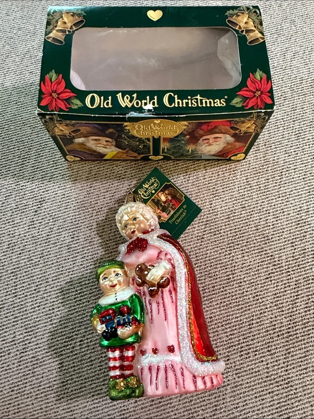 Old world Christmas retired ornament Pink Mrs. Claus with tags and box